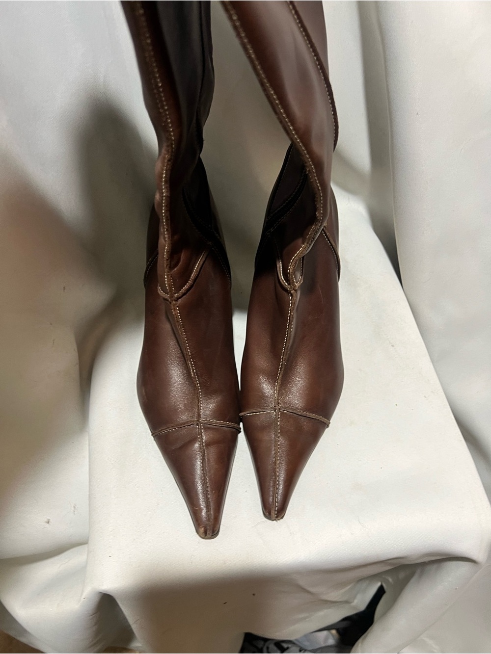 Circa Joan & David Brown Leather Knee High Boots Pointed Toe Kitten Heel Size 9 - Picture 4 of 9